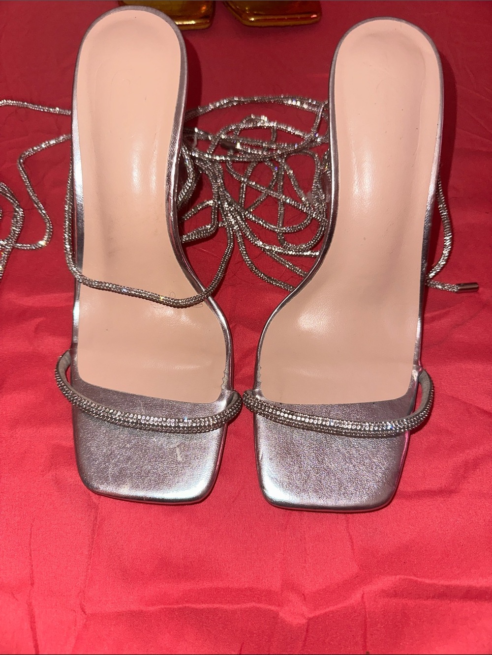 Metallic Silver Strappy Square-Toe Women's Heels